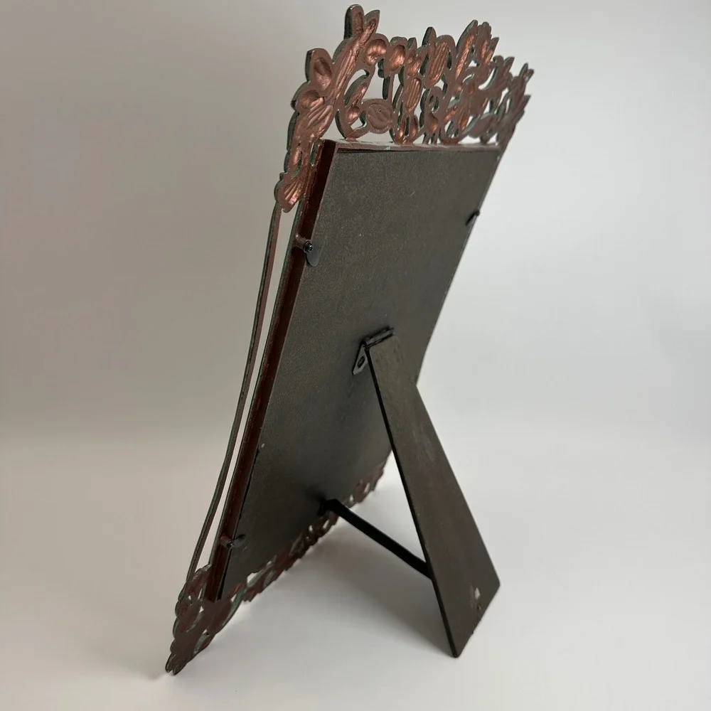 Vtg 8x10 Floral Cast Metal Picture Frame Copper Tone Turquoise Verdigris Photo